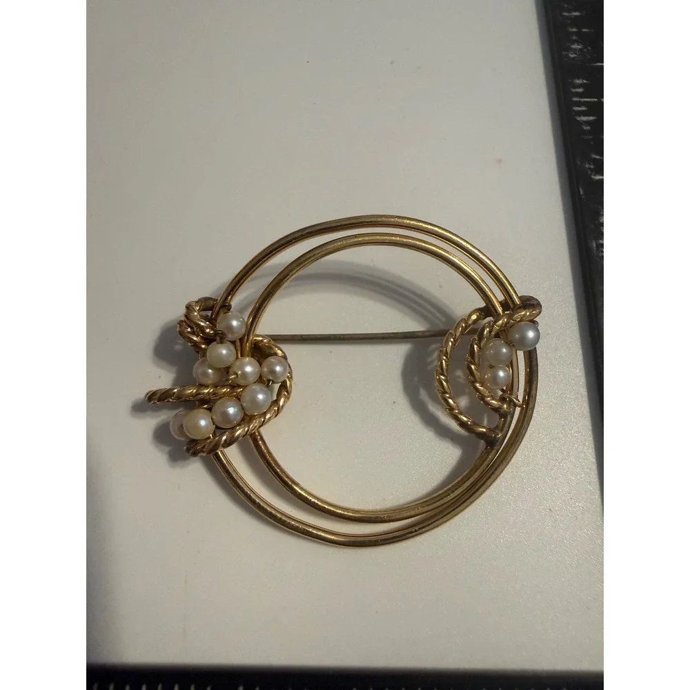 Hayward 1/20 12K Gold Filled Faux Pearl Double Circle Brooch Pin Vintage